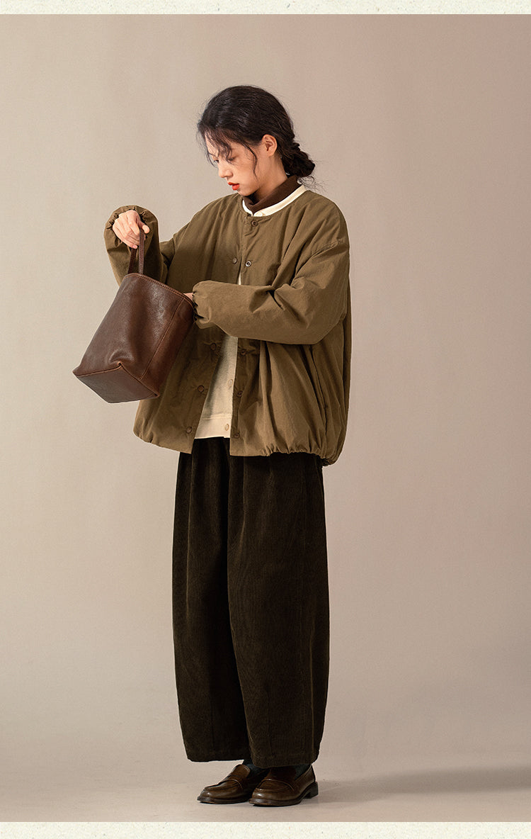 取り外し可能な衿付きで2WAYスタイル◇うっすら中綿入り◇コットン ドロップショルダーパフブルゾンジャケット△裏地付き S/Mサイズ