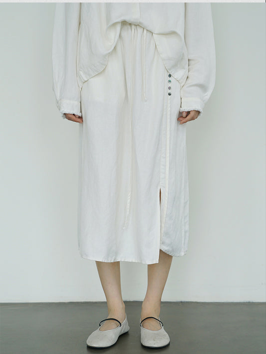 ◇ボタン装飾とフロントスリットがポイントに◇リネンイージースカート◇