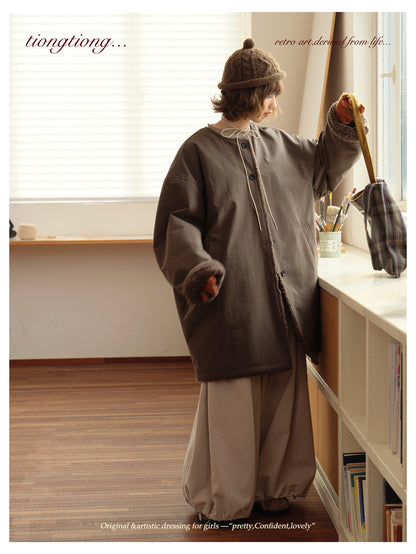 △裏地はたっぷりボアで暖か ドロップショルダーゆったり  ノーカラーコート△