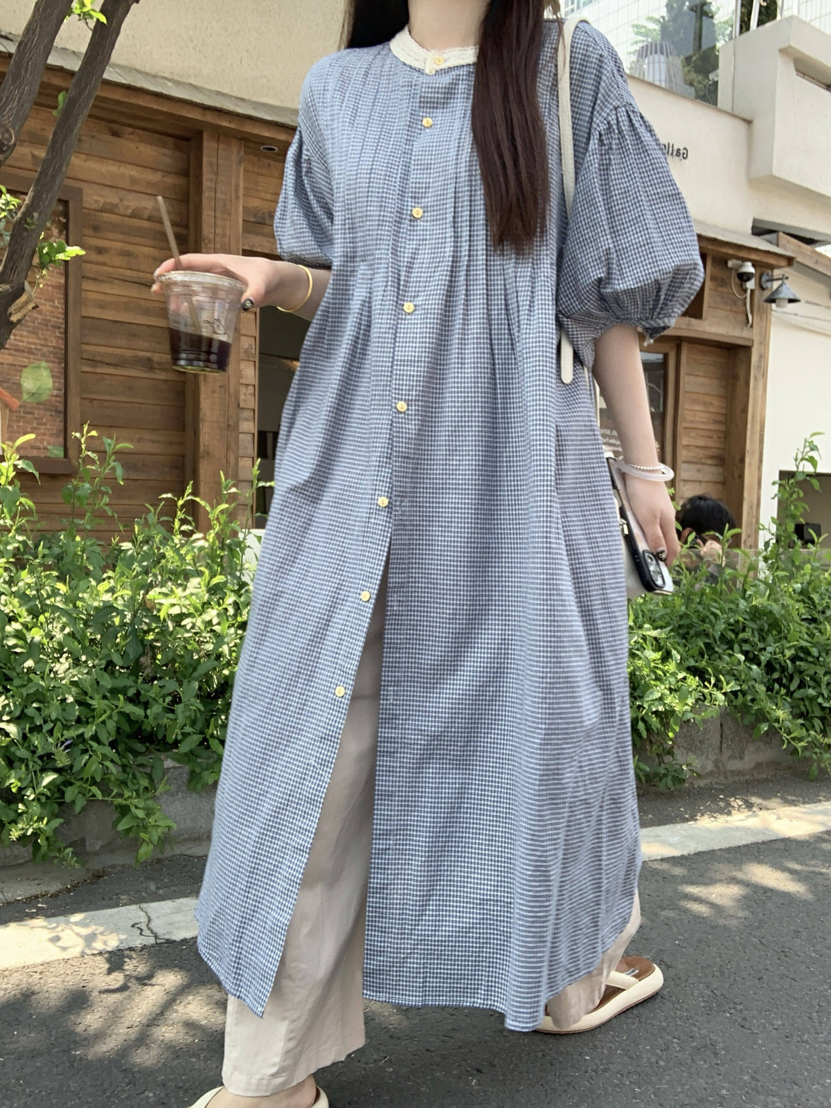 ☆ゆったりシルエット パフスリーブ ギンガムチェック ワンピース☆S～XLサイズ