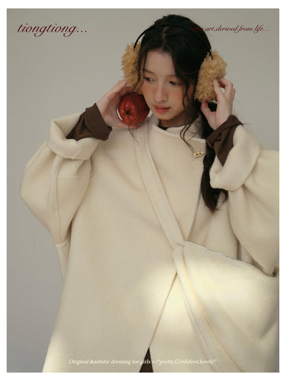 3色展開◇ダブルフェイス ウール×キャメルウールで暖かドロップショルダーゆったりコート◇バッグ付き