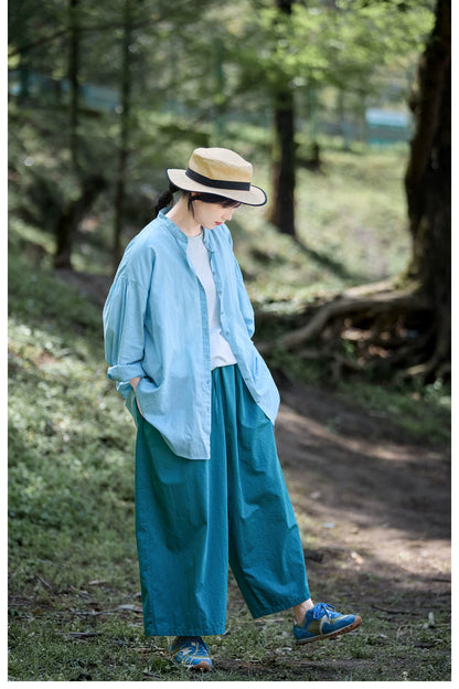 爽やかなライトブルー◇コットンドロップショルダー ゆったりシルエットバンドカラーシャツ◇ S/M/Lサイズ