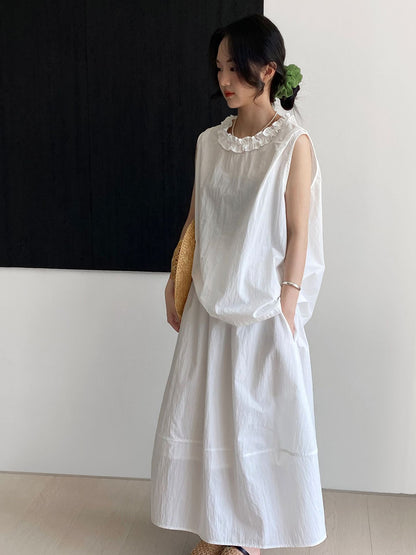 セットアップデザイン◇2色展開◇フリルネックブラウス＆ロングスカート◇M/Lサイズ