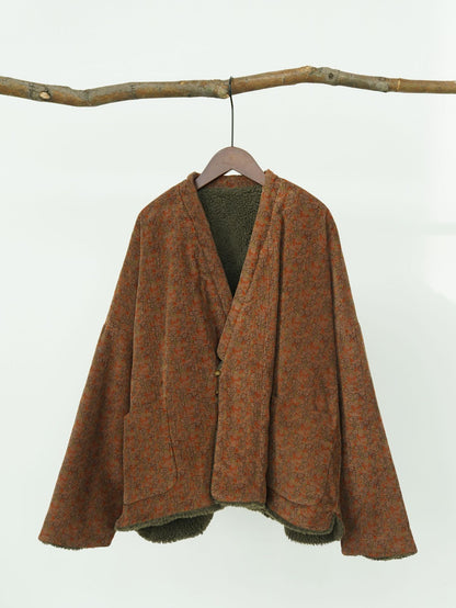 小ぶりなフラワープリントが可愛い◇コーデュロイ ボア裏地 オリエンタル ドロップショルダージャケット◇