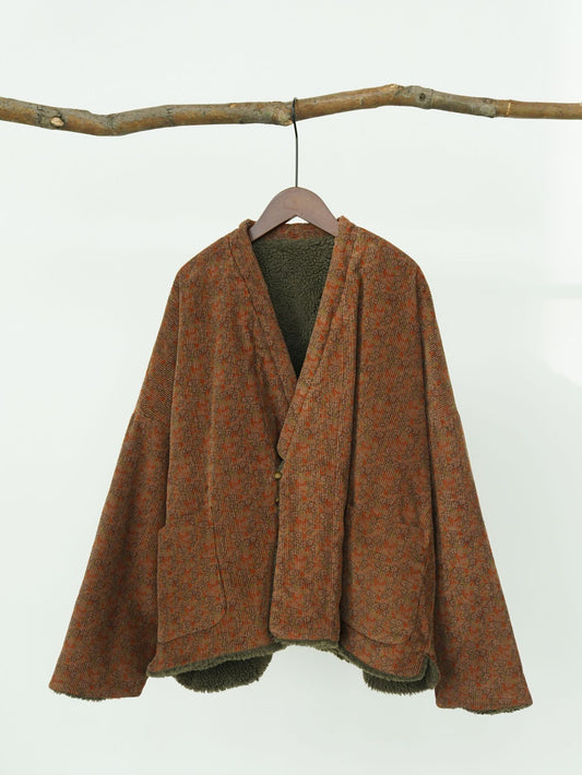 小ぶりなフラワープリントが可愛い◇コーデュロイ ボア裏地 オリエンタル ドロップショルダージャケット◇