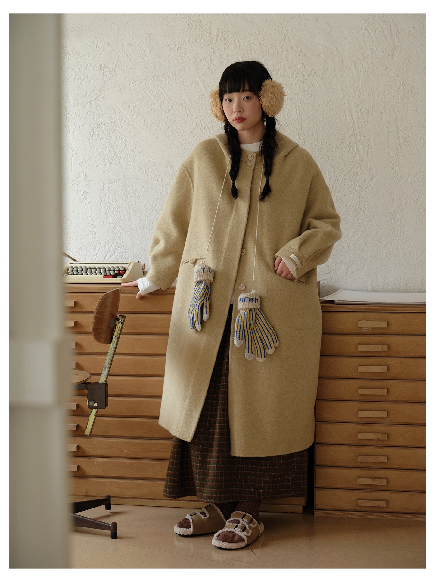 ◇ダブルフェイス メリノウールで暖かドロップショルダーゆったり フーディーコート◇