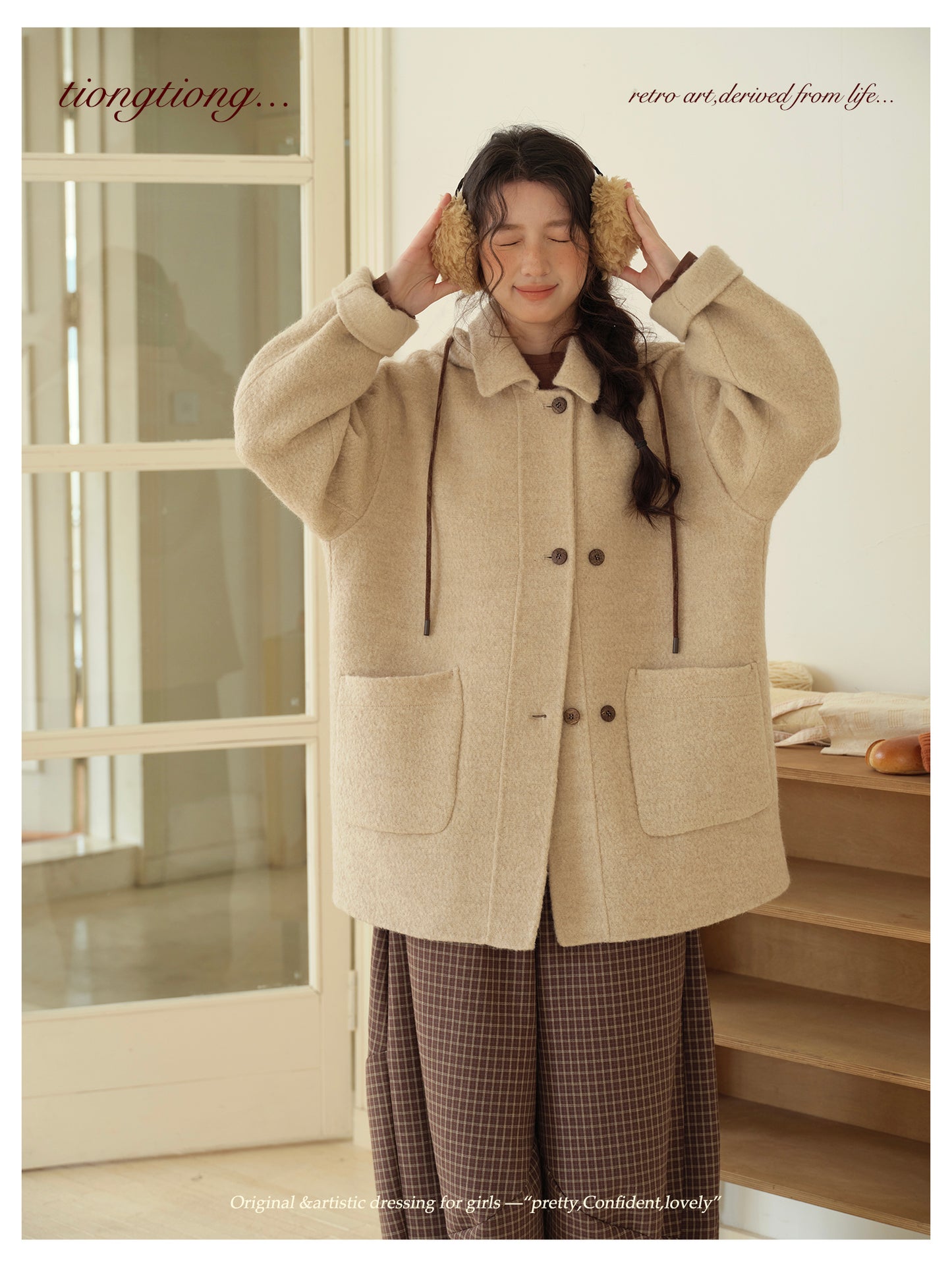 ２色展開◇ダブルフェイスウールで暖かドロップショルダーゆったり ショートコート◇