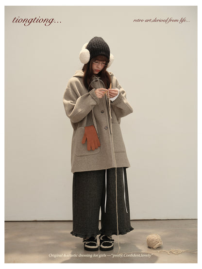 3色展開◇ダブルフェイス カシミア×メリノウールで暖かドロップショルダーゆったり フーディーコート◇