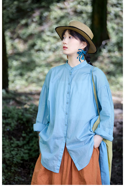 爽やかなライトブルー◇コットンドロップショルダー ゆったりシルエットバンドカラーシャツ◇ S/M/Lサイズ
