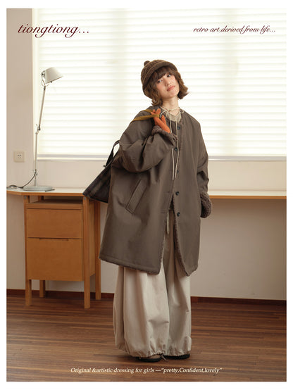 △裏地はたっぷりボアで暖か ドロップショルダーゆったり  ノーカラーコート△