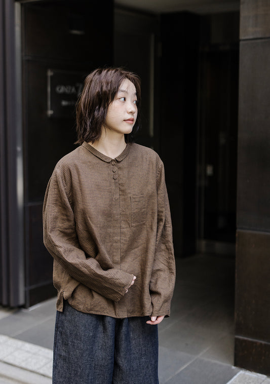 小ぶりな丸襟が可愛い◇ドロップショルダー格子柄リネンチェックシャツ◇