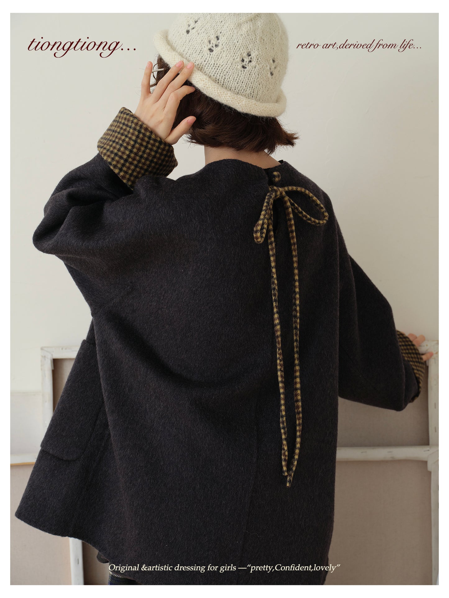 △ダブルフェイスウール×キャメルで暖か ドロップショルダーゆったり  ノーカラーコート△