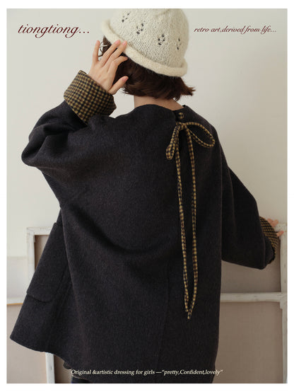 △ダブルフェイスウール×キャメルで暖か ドロップショルダーゆったり  ノーカラーコート△