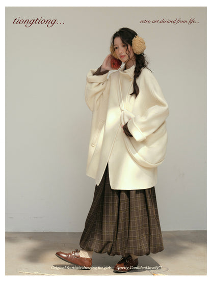 3色展開◇ダブルフェイス ウール×キャメルウールで暖かドロップショルダーゆったりコート◇バッグ付き