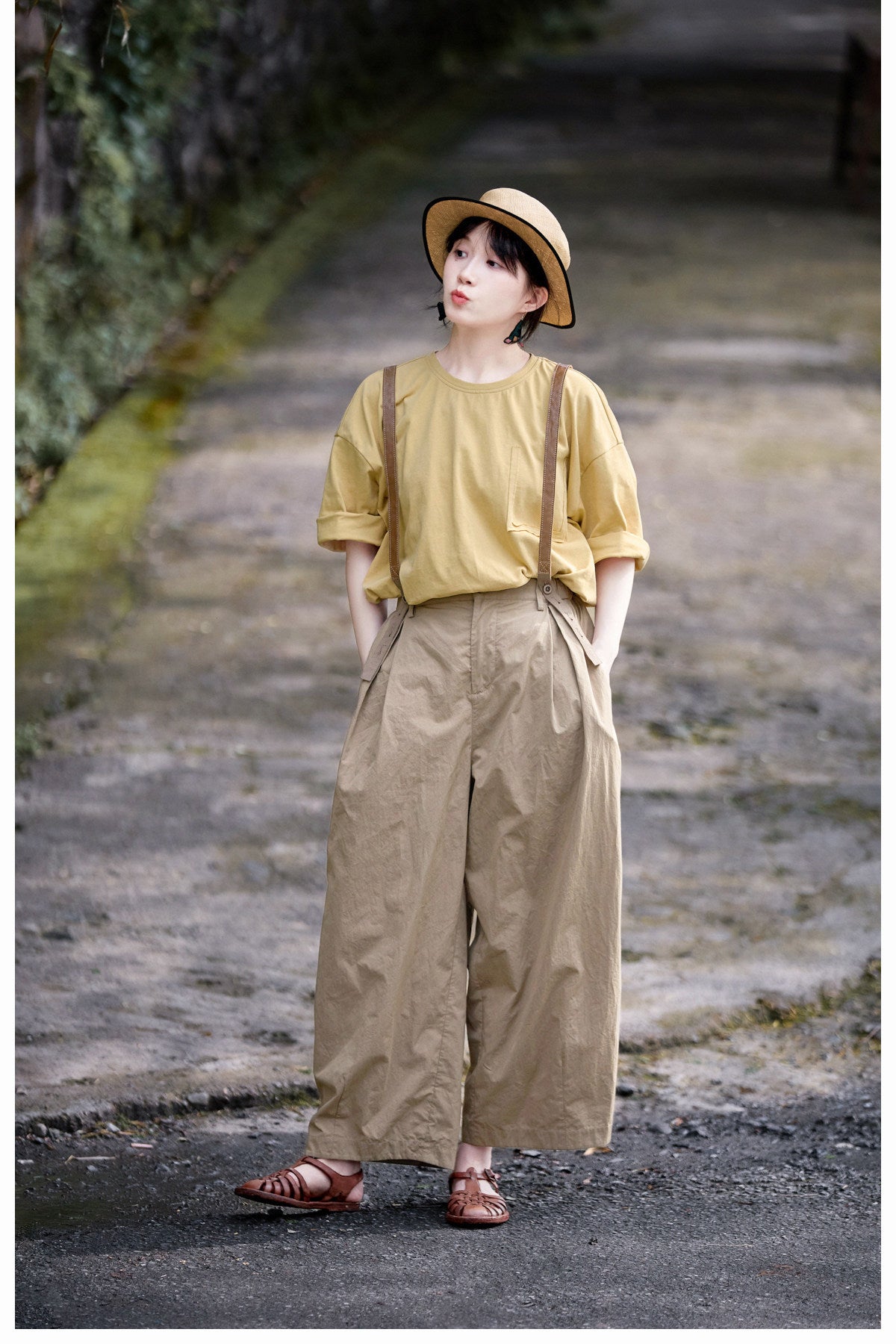 ◇コットン  サスペンダー付きフルレングスワイド イージーパンツ◇S/M/L