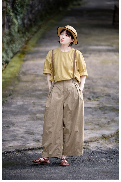 ◇コットン  サスペンダー付きフルレングスワイド イージーパンツ◇S/M/L