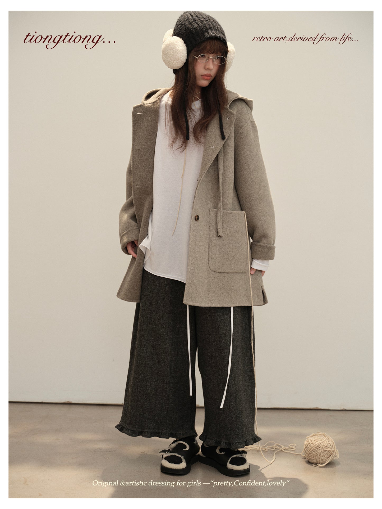 3色展開◇ダブルフェイス カシミア×メリノウールで暖かドロップショルダーゆったり フーディーコート◇