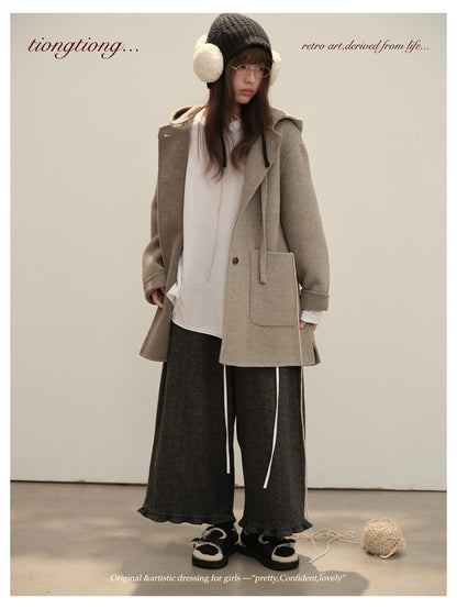 3色展開◇ダブルフェイス カシミア×メリノウールで暖かドロップショルダーゆったり フーディーコート◇