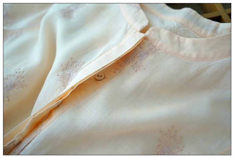 2色展開◇繊細な刺繍装飾◇ラミー苧麻100％ 7分丈ロングバンドカラーワンピース◇裏地付き