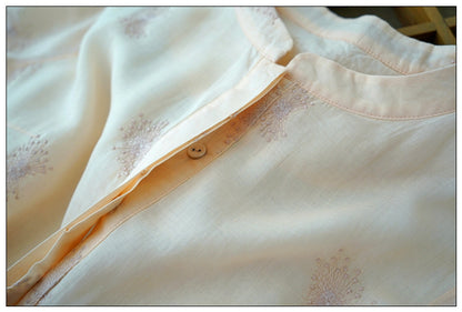 2色展開◇繊細な刺繍装飾◇ラミー苧麻100％ 7分丈ロングバンドカラーワンピース◇裏地付き