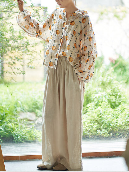 ◇オレンジプリントが爽やか◇ゆったりドロップショルダーラミー シャツ◇