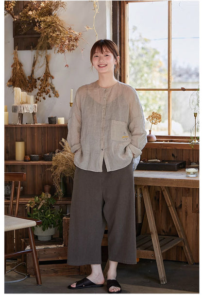 ◇ドロップショルダー刺繍入りリネンノーカラーシャツ◇