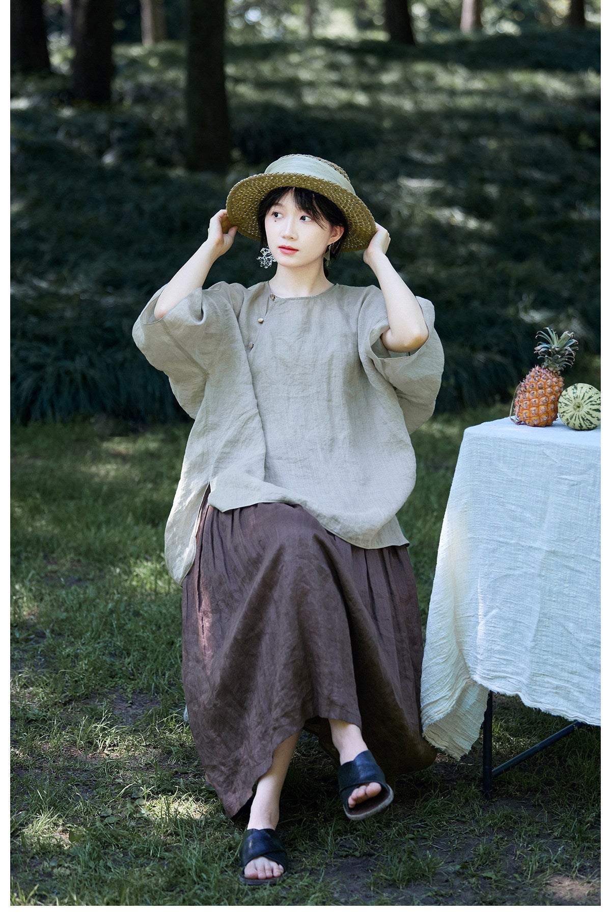 2色展開◇ゆったりシルエット ドロップショルダー オリエンタルデザイン チャイナボタン ラミー ブラウス◇S/M/Lサイズ