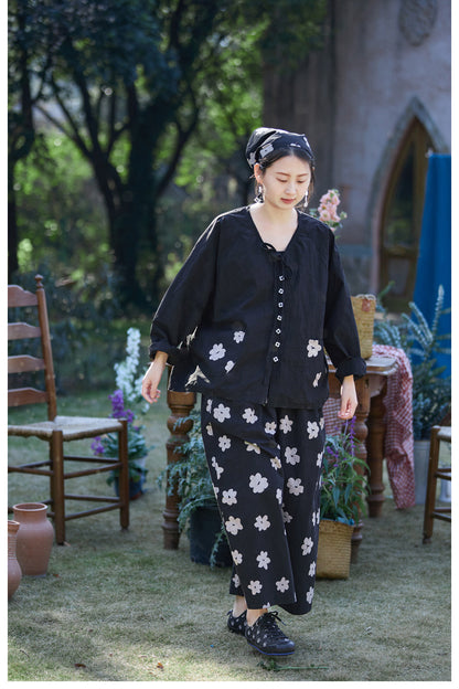 シルクスクリーンプリントの花柄が可愛い★コットン フラワープリント イージーワイドパンツ★M/Lサイズ