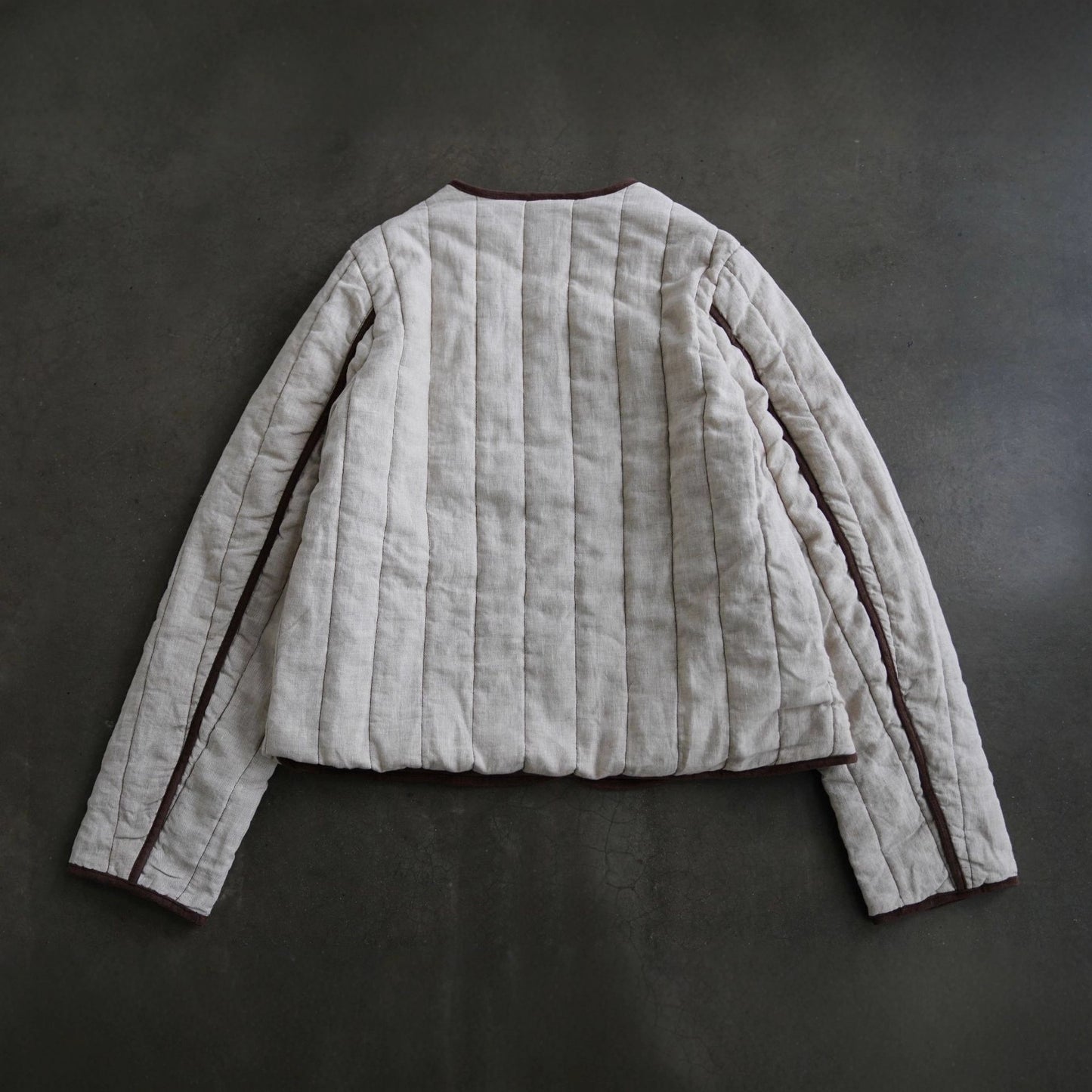 ◇軽量  暖か リネン ノーカラー スナップボタンジャケット◇