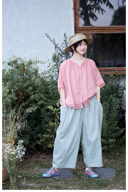 ✩嫌味のないピンクカラー✩ソフトラミー レース＆ギャザー ノーカラー ドルマンスリーブ ブラウス✩S/ M/Lサイズ
