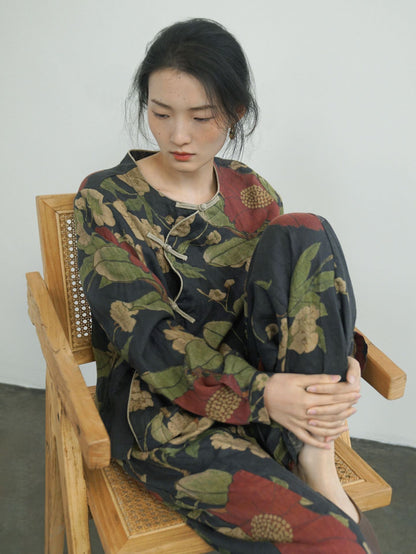 ◆オリエンタルなデザインに美しい花柄のプリントが上品な印象◆ワイドラミーブラウス◆