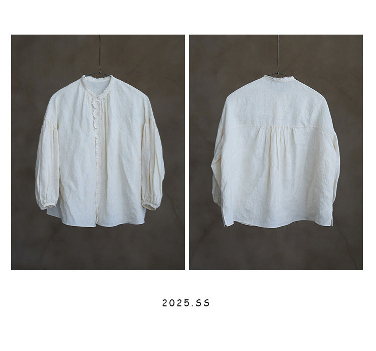 ✩品のある前立て＆ネックのフリル使い✩リネン ギャザー＆フリル ドロップショルダー ブラウス✩ M/Lサイズ