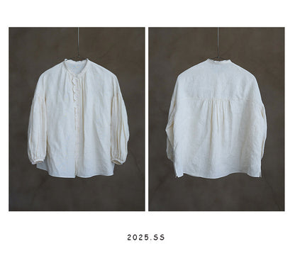 ✩品のある前立て＆ネックのフリル使い✩リネン ギャザー＆フリル ドロップショルダー ブラウス✩ M/Lサイズ