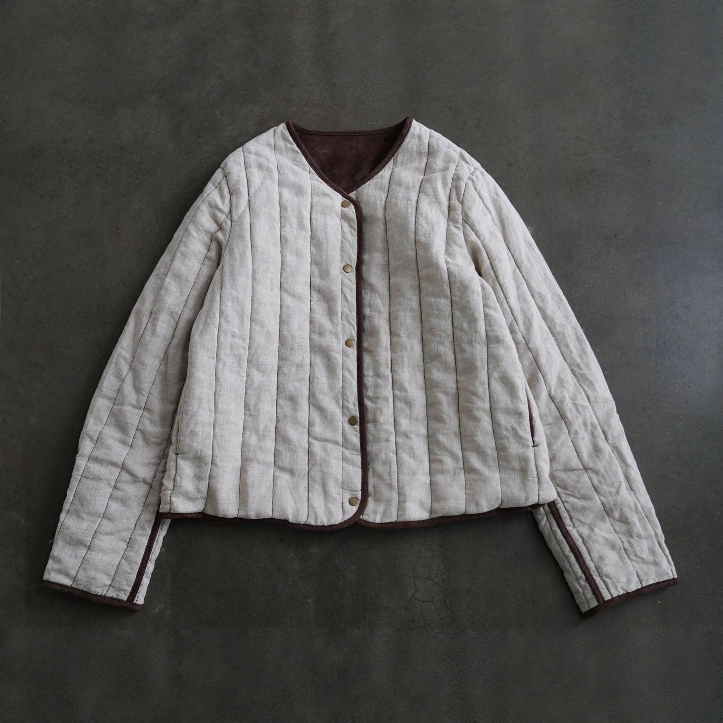 ◇軽量  暖か リネン ノーカラー スナップボタンジャケット◇