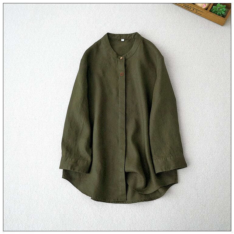 4色展開☆ゆったりシルエットリネン ステッチデザイン バンドカラーシャツ☆ M/L/XL