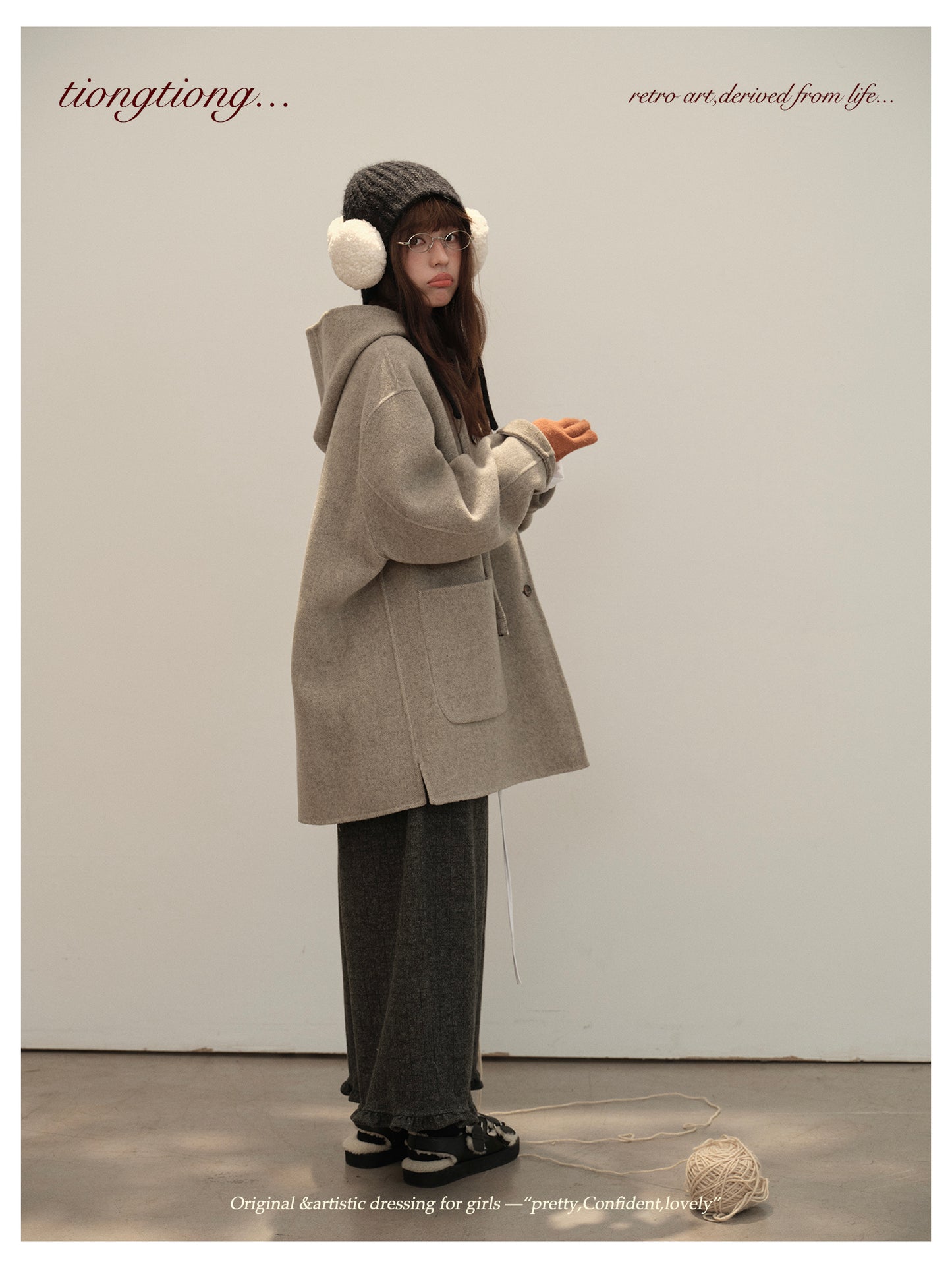 3色展開◇ダブルフェイス カシミア×メリノウールで暖かドロップショルダーゆったり フーディーコート◇