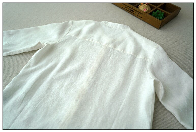 4色展開☆ゆったりシルエットリネン ステッチデザイン バンドカラーシャツ☆ M/L/XL