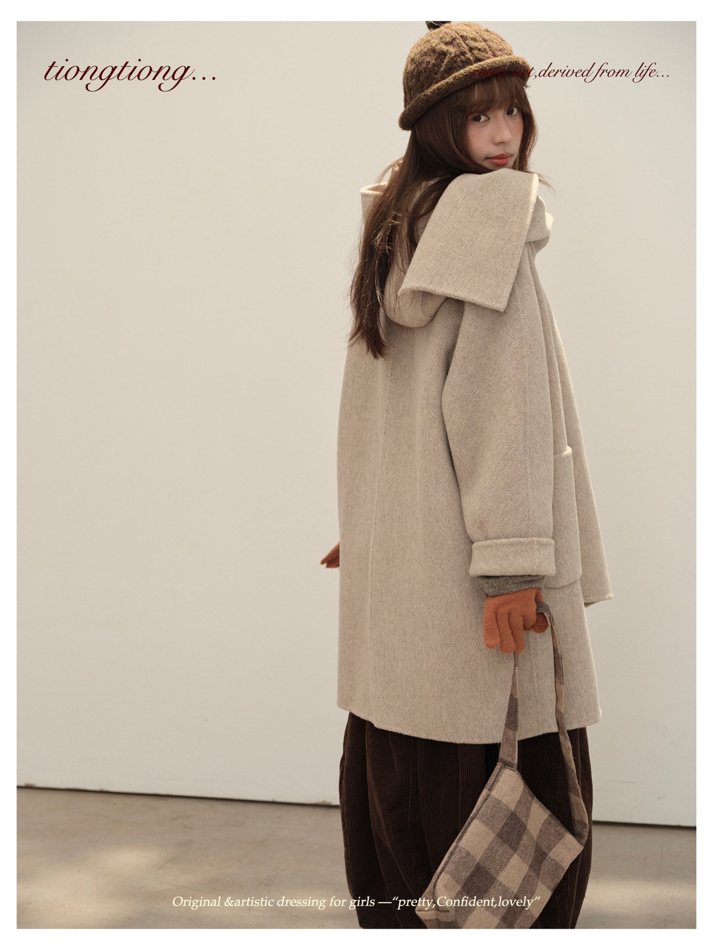 △ダブルフェイスメリノウールで暖か ドルマンスリーブゆったり  ノーカラーコート△マフラー付き