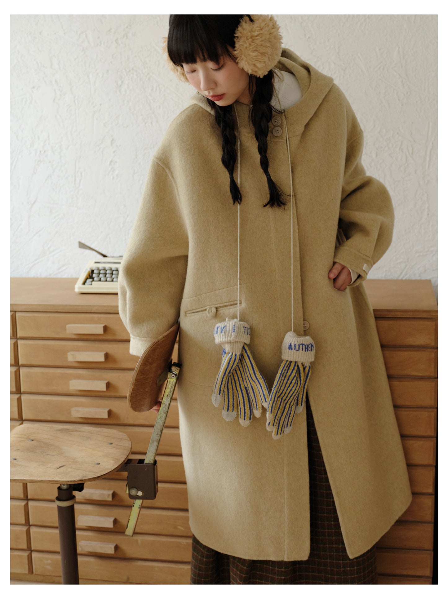 ◇ダブルフェイス メリノウールで暖かドロップショルダーゆったり フーディーコート◇