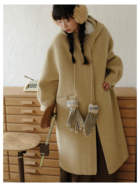 ◇ダブルフェイス メリノウールで暖かドロップショルダーゆったり フーディーコート◇