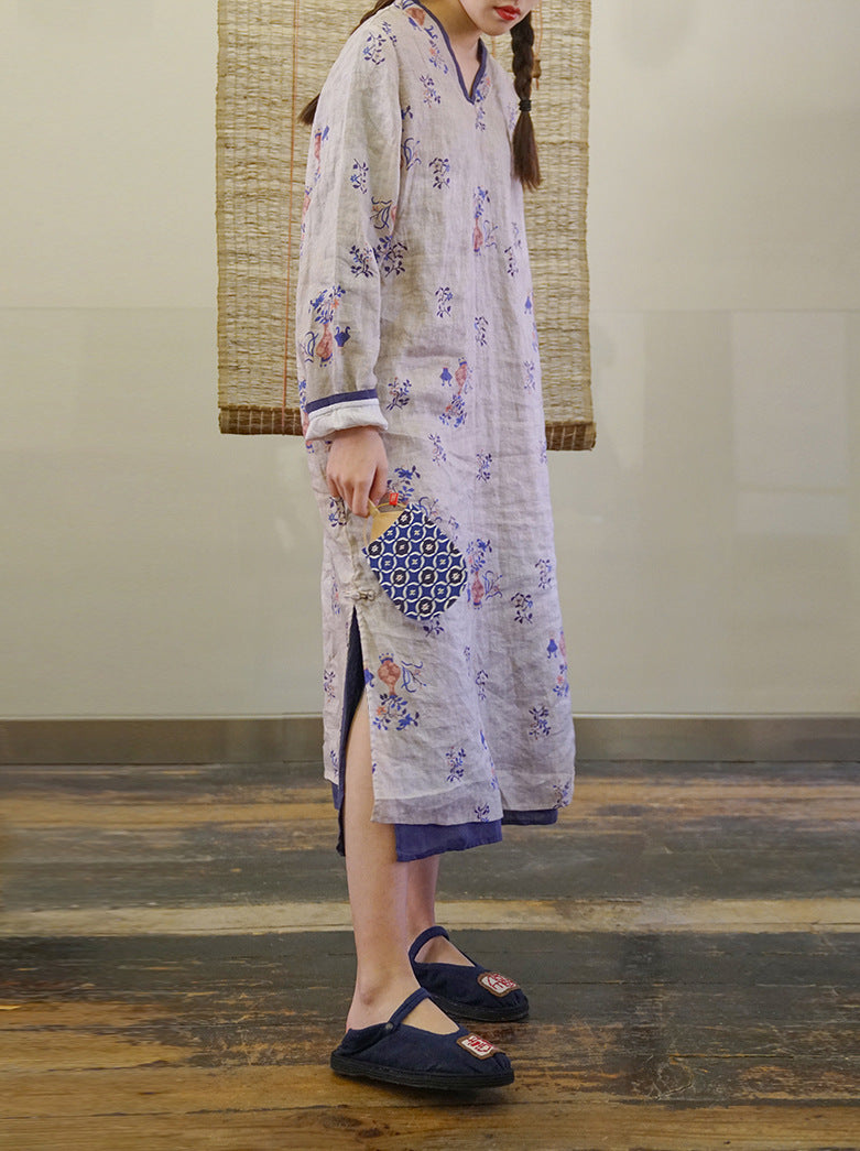 ◇可愛いボタニックプリント◇リネンワンピースドレス◇