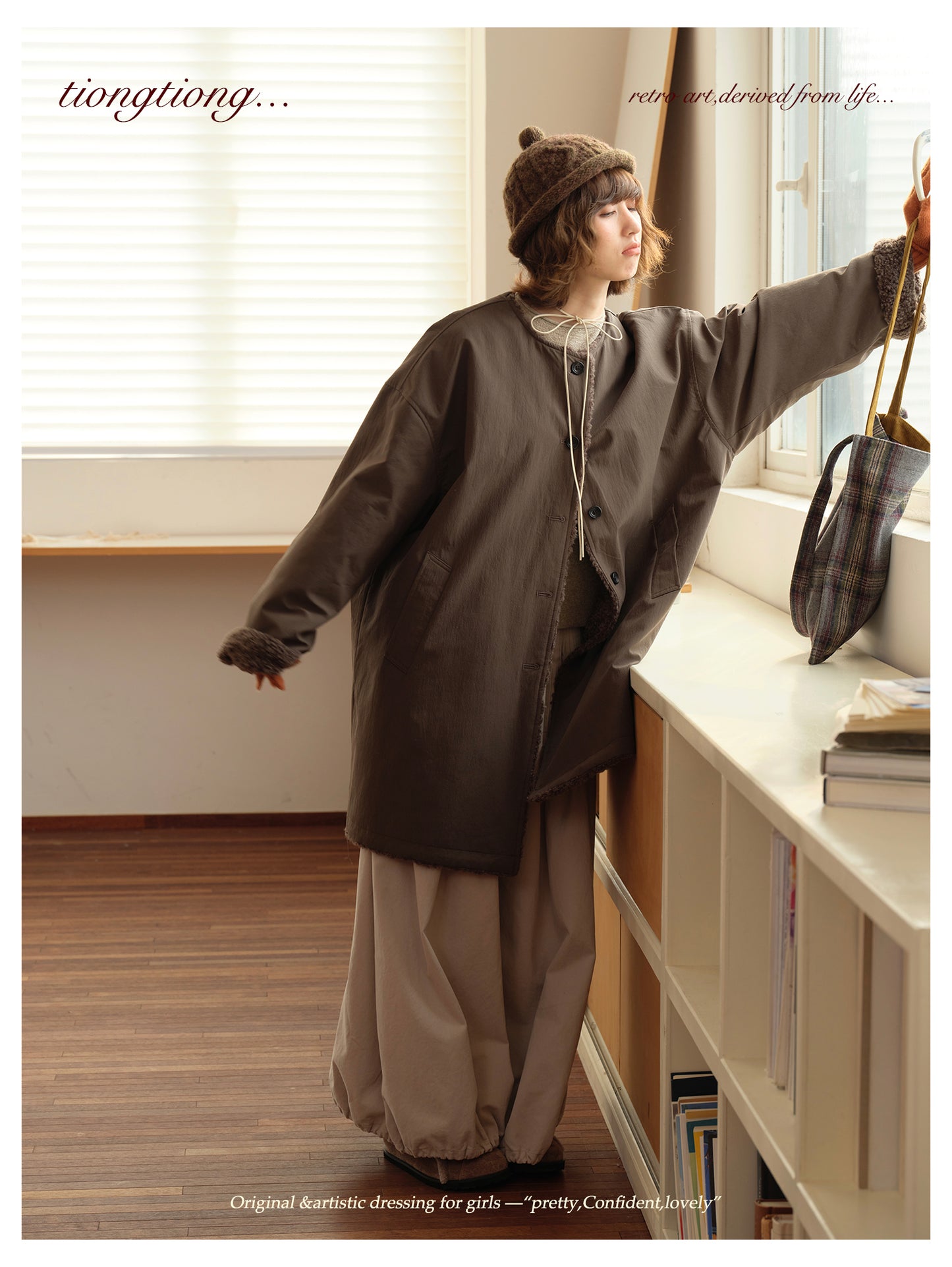 △裏地はたっぷりボアで暖か ドロップショルダーゆったり  ノーカラーコート△