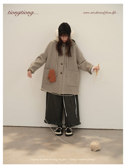 3色展開◇ダブルフェイス カシミア×メリノウールで暖かドロップショルダーゆったり フーディーコート◇