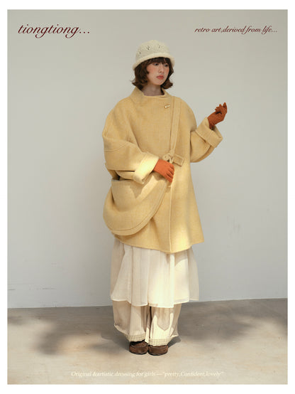 3色展開◇ダブルフェイス ウール×キャメルウールで暖かドロップショルダーゆったりコート◇バッグ付き