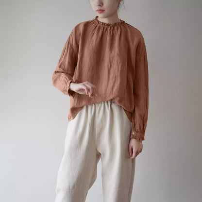 ３色展開◇控えめなフリルネックが上品に◇春の色味 リネン プルオーバーシャツ◇
