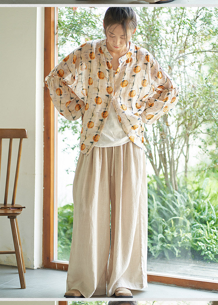 ◇オレンジプリントが爽やか◇ゆったりドロップショルダーラミー シャツ◇