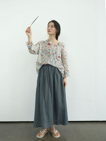 首元のリボン使いがポイントに◇フラワー＆バード プリントが美しい ラミー ブラウス シャツ◇