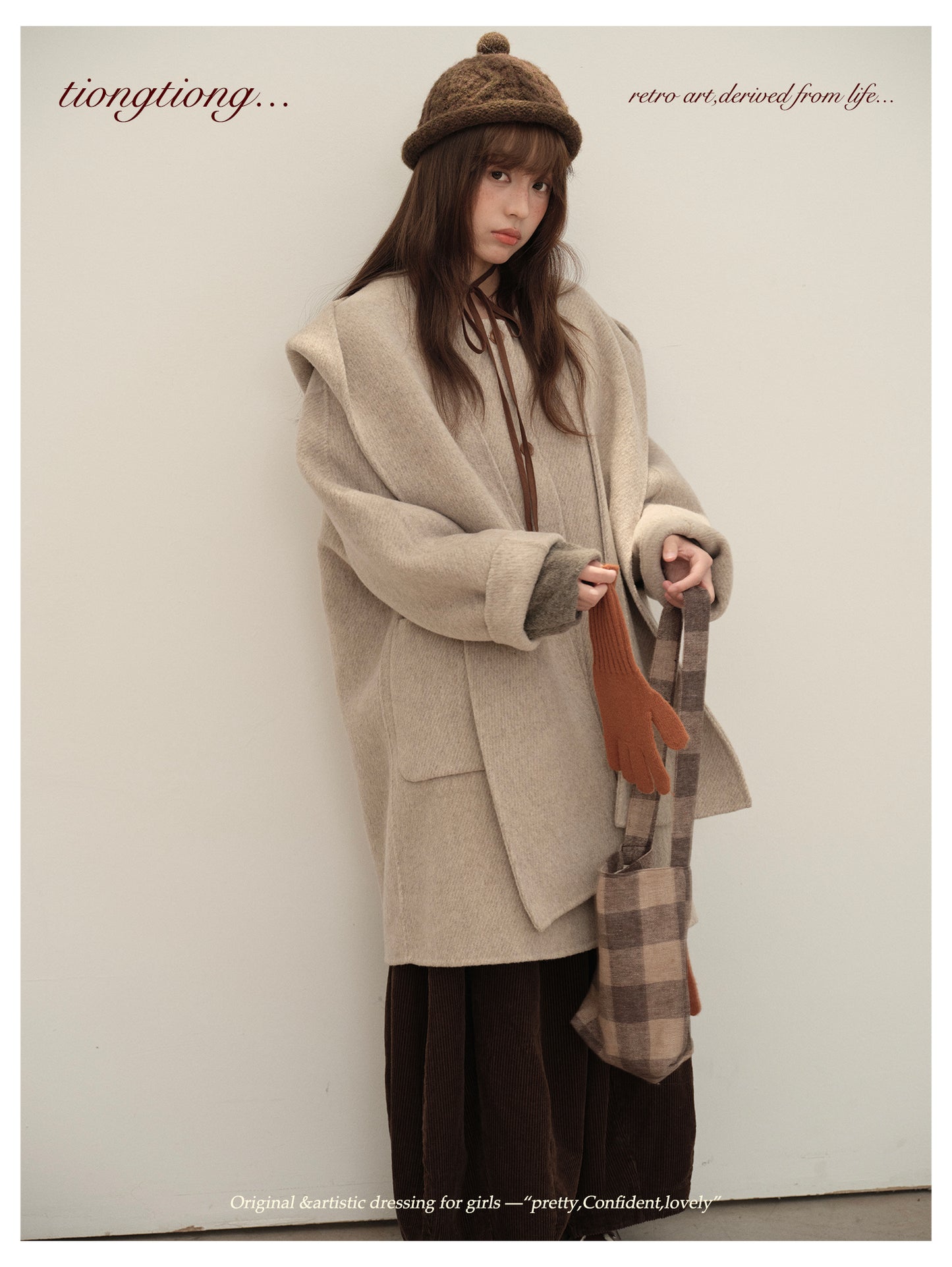 △ダブルフェイスメリノウールで暖か ドルマンスリーブゆったり  ノーカラーコート△マフラー付き