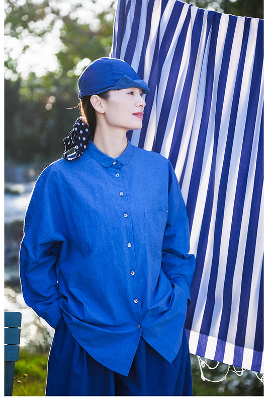 ✩パキっとブルー✩コットン  ドロップショルダー ビッグシルエット シャツ✩ M/Lサイズ