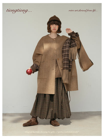 △リバーシブル ダブルフェイスウールで暖か ゆったり  ノーカラーコート△